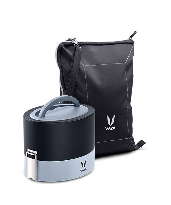 VAYA TYFFYN Black Polished Stainless Steel Lunch Box 600 ml 2 Containers  Black